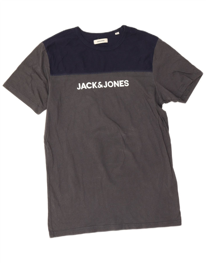 Męski T-shirt z grafiką Jack & Jones, bawełniany, średnioszary, z blokami kolorów