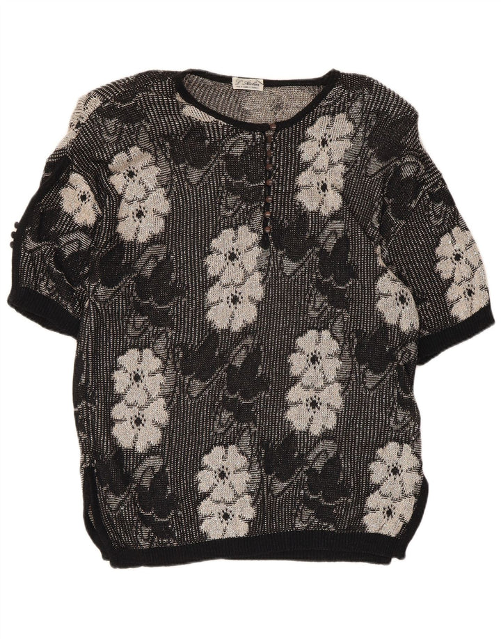 Sweter damski w stylu vintage, zapinany na guziki, UK 14, średni, czarny, kwiatowy
