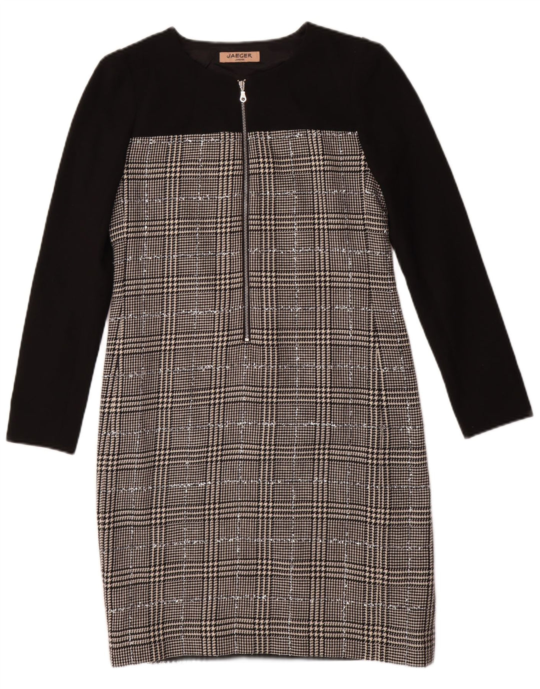 Damska sukienka płaszczowa z długim rękawem JAEGER UK 8, mała, czarna, wełniana w pepitkę