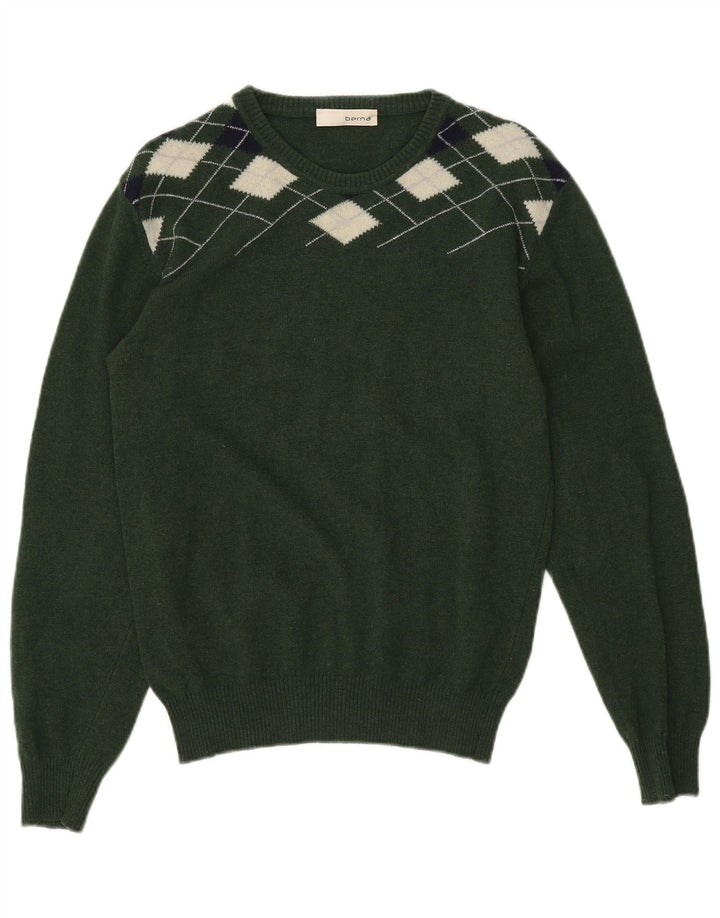 Męski sweter z dekoltem w łódkę Berna, średnio zielony, argyle/diamentowa wełna