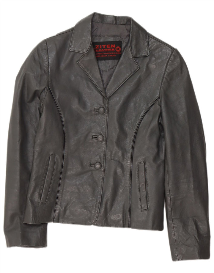 Vintage damska, skórzana marynarka zapinana na 3 guziki, UK 8, mała, szara skóra