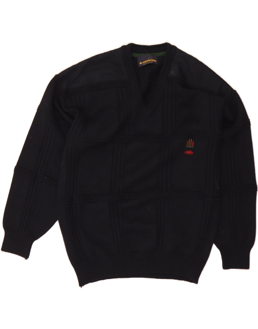 IL GRANCHIO Mens V-Neck Jumper Sweater Large Navy Blue Wool Vintage Il Granchio and Second-Hand Il Granchio from Messina Hembry 