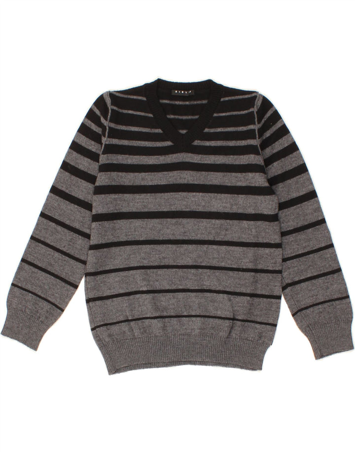SISLEY Boys V-Neck Jumper Sweater 8-9 Years Large Grey Striped Vintage Sisley and Second-Hand Sisley from Messina Hembry 