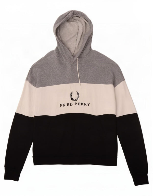Damska bluza z kapturem Fred Perry z grafiką UK 10, mała, szara, z blokami kolorów