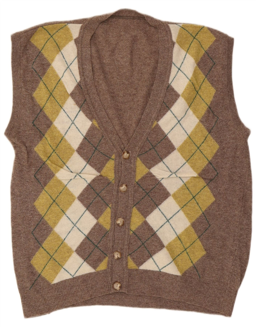 Vintage męski sweter bez rękawów, duży, brązowy, argyle/diamentowa wełna