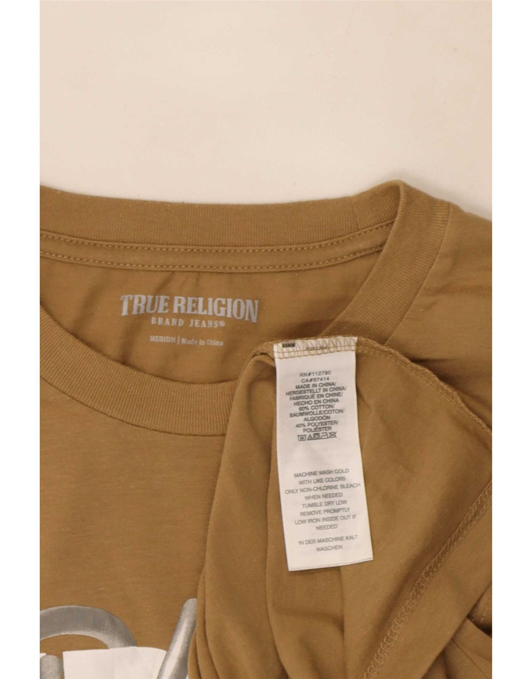 Męska koszulka z grafiką True Religion, średnia beżowa bawełna