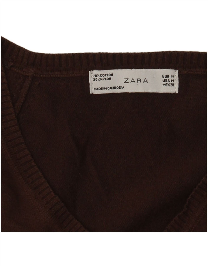 Sweter damski Zara z dekoltem w kształcie litery V, UK 12, średni brązowy, bawełniany