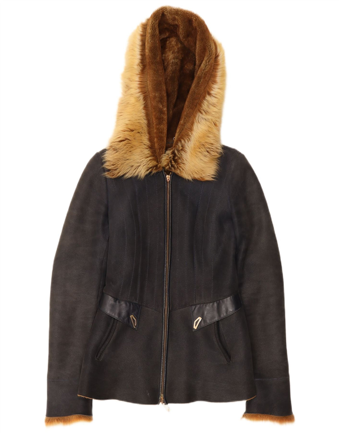Vintage damska kurtka shearling z kapturem EU 38, średnia granatowa skóra
