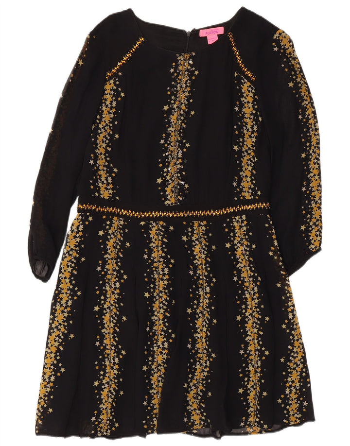 MONSOON Damska sukienka o linii A z abstrakcyjnym wzorem, rękawem 3/4 UK 12, średnia czerń