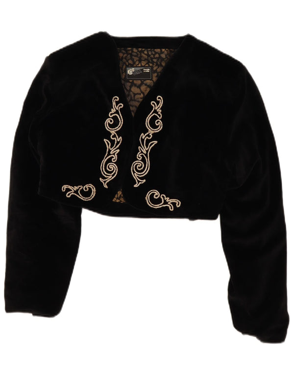 Vintage Womens Velvet Bolero Jacket UK 14 Medium Black Floral Cotton