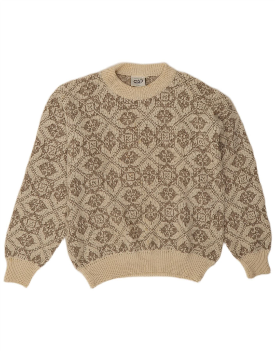 Ciao Męski sweter z okrągłym dekoltem XL, beżowa, geometryczna wełna