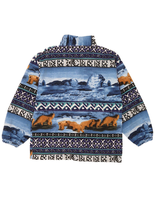 Vintage męska kurtka polarowa w abstrakcyjny wzór UK 38 średni niebieski Retro