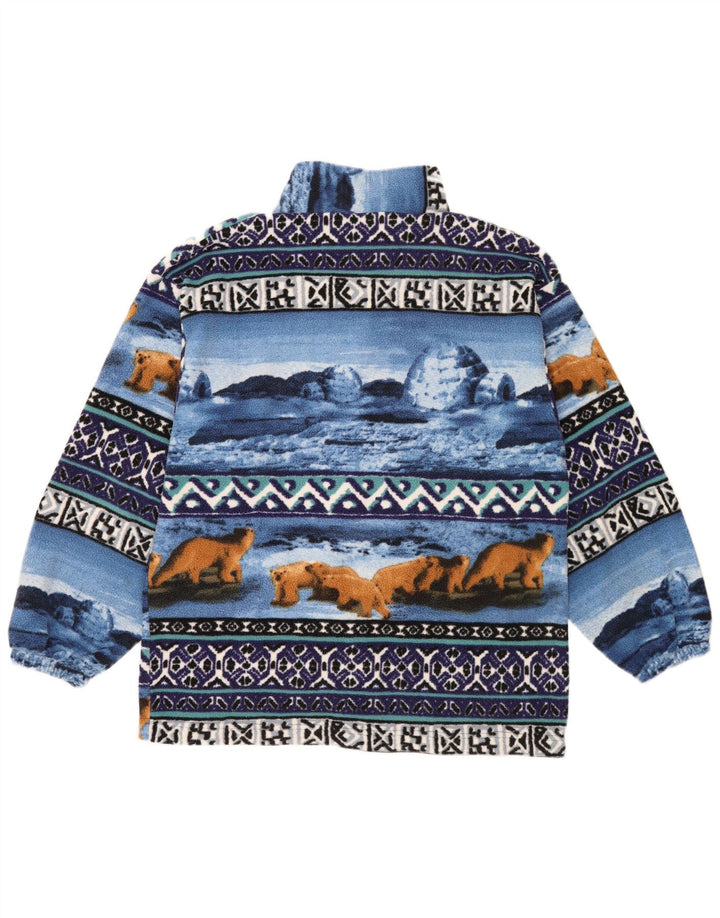 Vintage męska kurtka polarowa w abstrakcyjny wzór UK 38 średni niebieski Retro