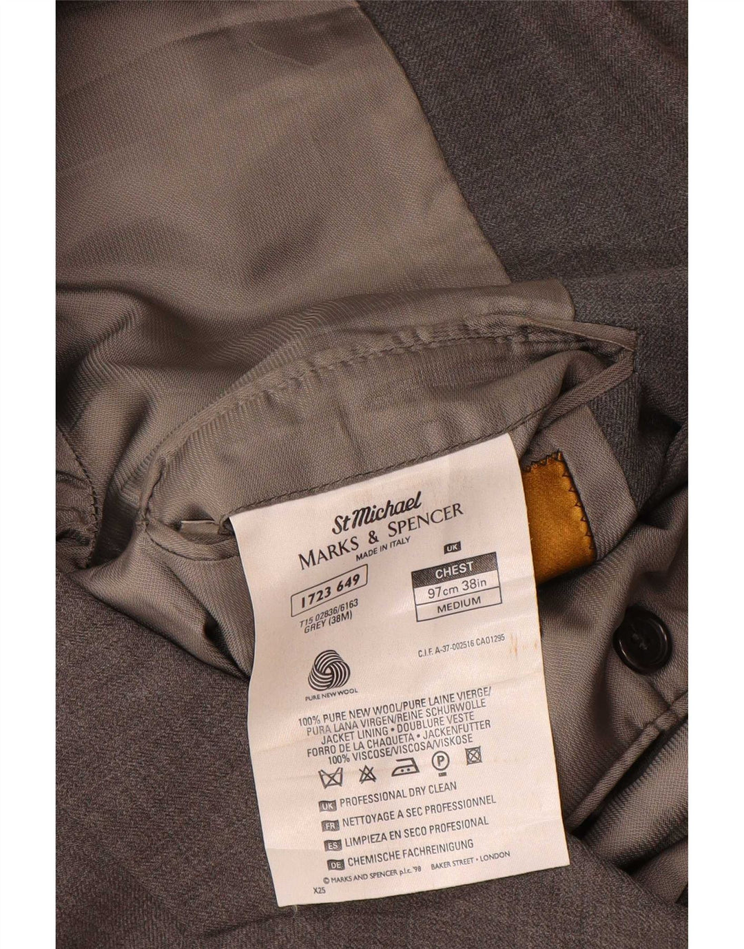 Marks & Spencer Męska marynarka zapinana na 3 guziki UK 38 Średnioszara Nowa Wełna