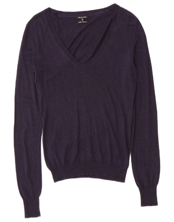 Sweter damski Massimo Dutti z dekoltem w kształcie litery V, UK 12, średni granatowy jedwab