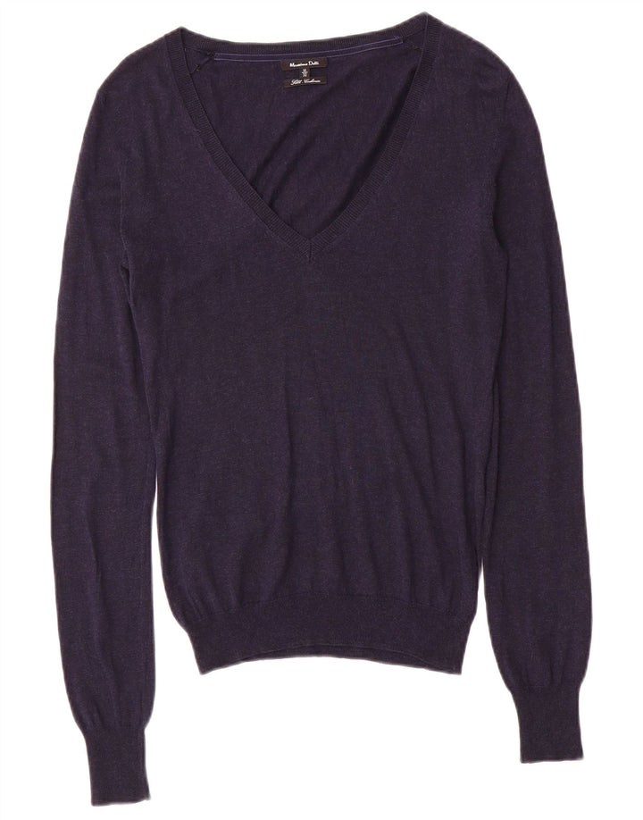 Sweter damski Massimo Dutti z dekoltem w kształcie litery V, UK 12, średni granatowy jedwab