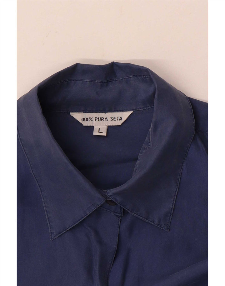 Damska bluzka koszulowa w stylu vintage UK 16, duża, granatowa, jedwabna