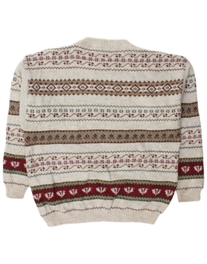Vintage męski sweter z okrągłym dekoltem, duży, złamanej białej geometrycznej wełny