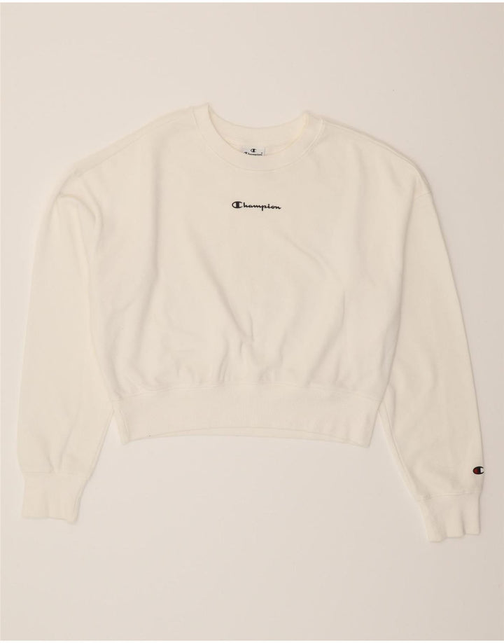 CHAMPION Womens Crop Sweatshirt Jumper UK 14 Medium White Vintage Champion and Second-Hand Champion from Messina Hembry 