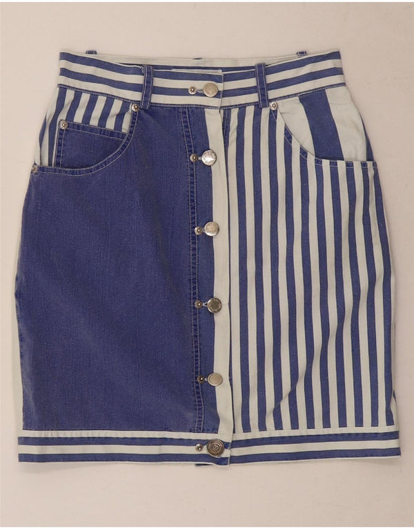 Vintage Womens Mini Pencil Skirt UK 8 Small W26 Navy Blue Striped Cotton