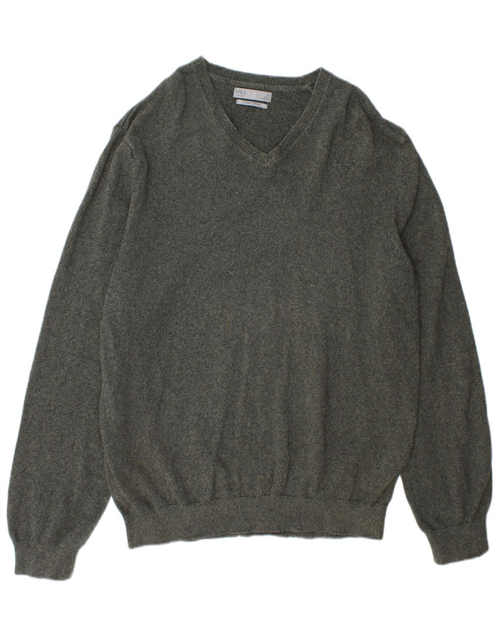 Marks & Spencer Męski sweter z dekoltem w kształcie litery V, XL, zielony, bawełniany