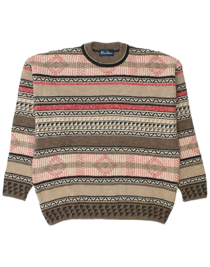 Vintage męski sweter z wycięciem pod szyją, duży, wielobarwny, geometryczny wełniany