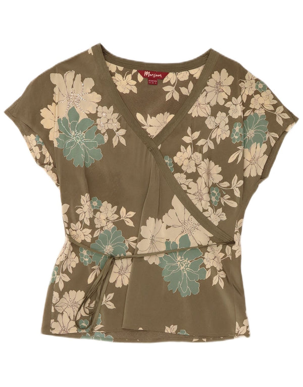 Monsoon Womens Blouse Top UK 12 Medium Green Floral Silk