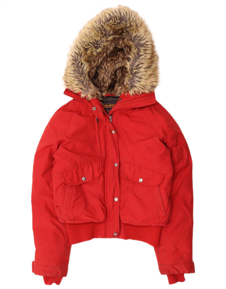 Damska wyściełana kurtka z kapturem Woolrich UK 14 Średni czerwony nylon