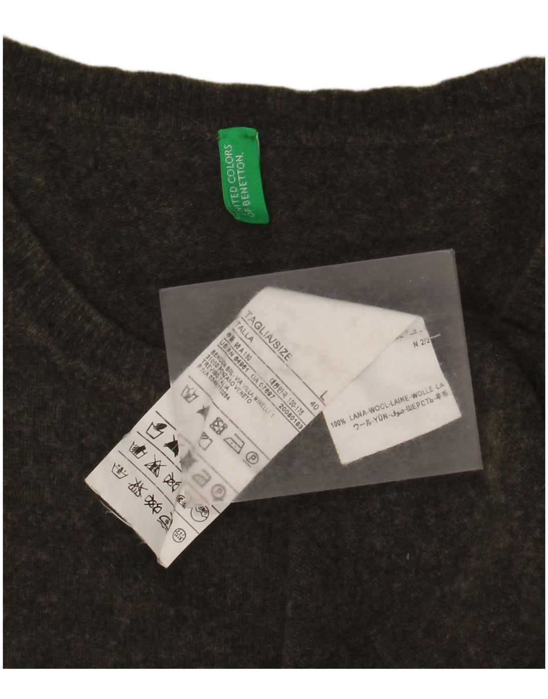 BENETTON Męski sweter z okrągłym dekoltem, duża wełna khaki