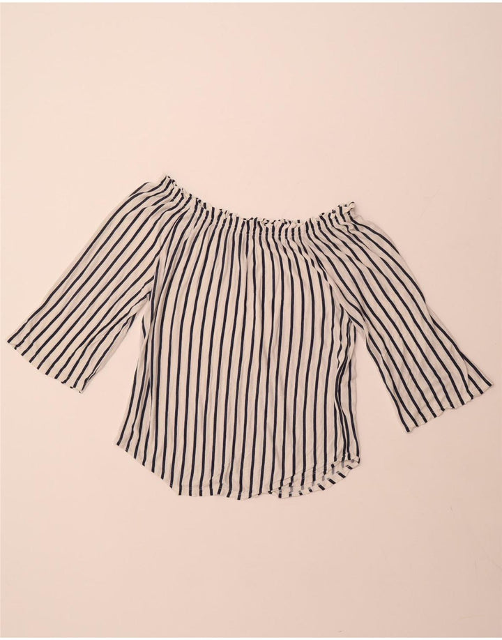 Damski top BENETTON z rękawami 3/4 i odkrytymi ramionami UK 14 w średnie białe paski