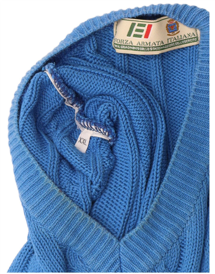 Męski sweter w stylu vintage z dekoltem w kształcie litery V, 2XL, niebieska bawełna