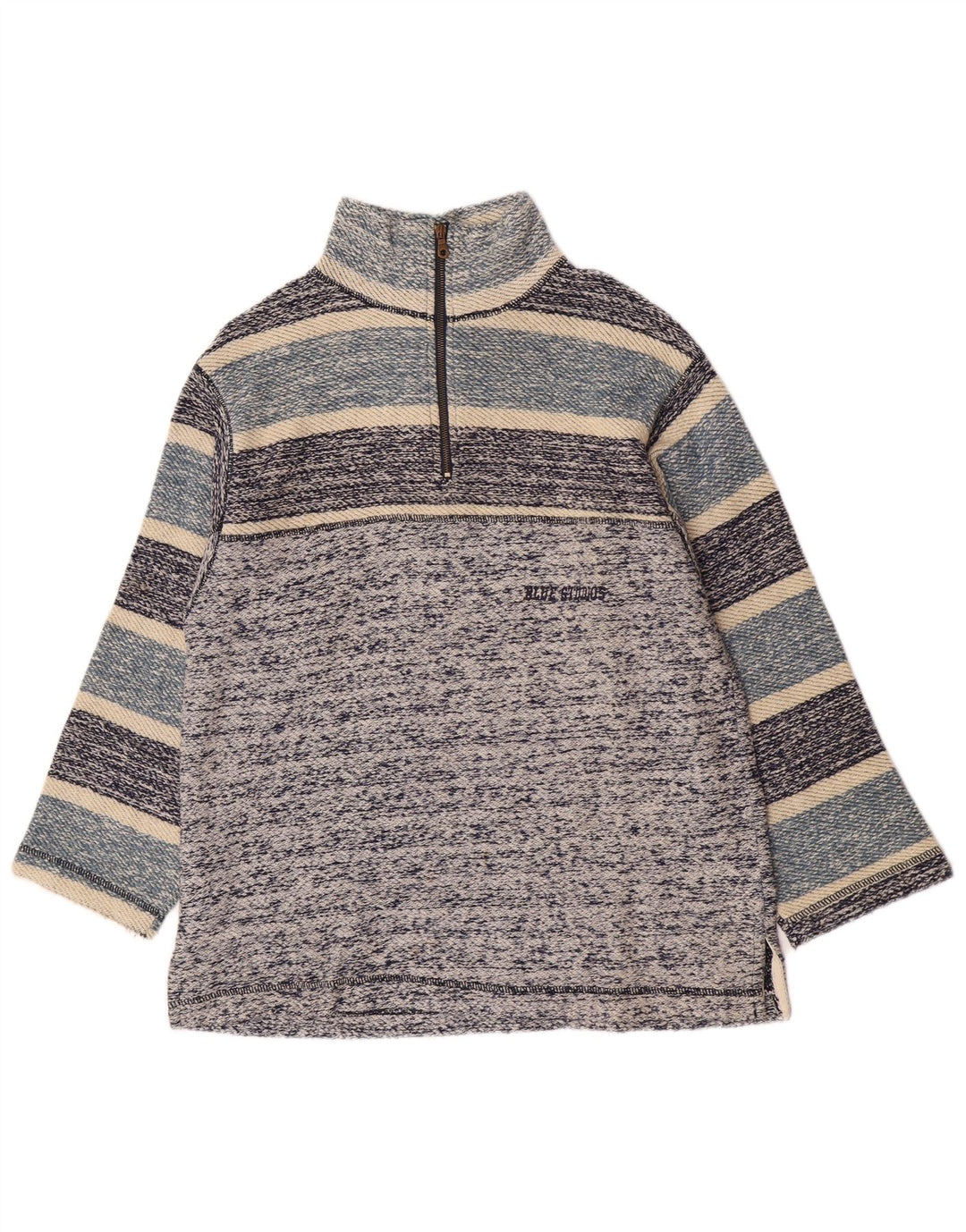 Vintage męska bluza z zamkiem 1/4, sweter w średnie niebieskie paski w stylu retro