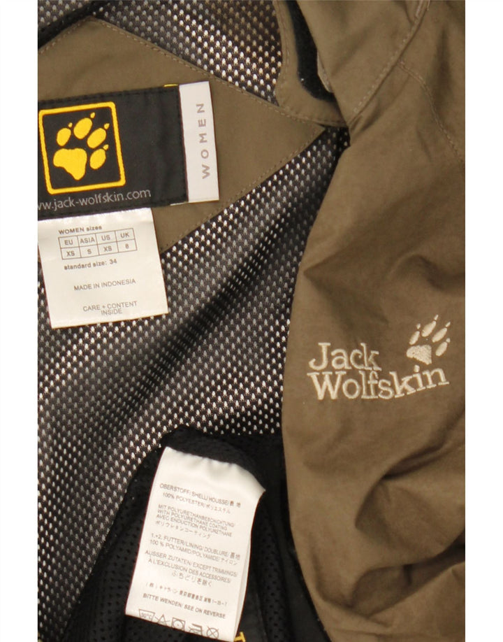 Damska kurtka przeciwdeszczowa z kapturem Jack Wolfskin UK 8, mała, khaki, poliester
