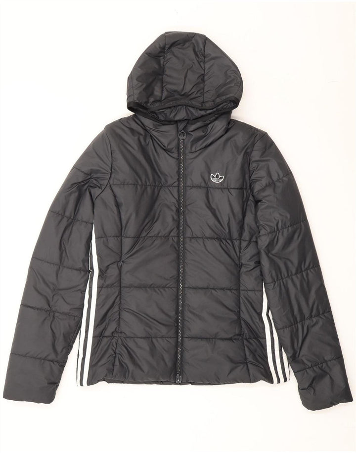 ADIDAS Womens Hooded Padded Jacket UK 14 Medium Black Polyester Vintage Adidas and Second-Hand Adidas from Messina Hembry 