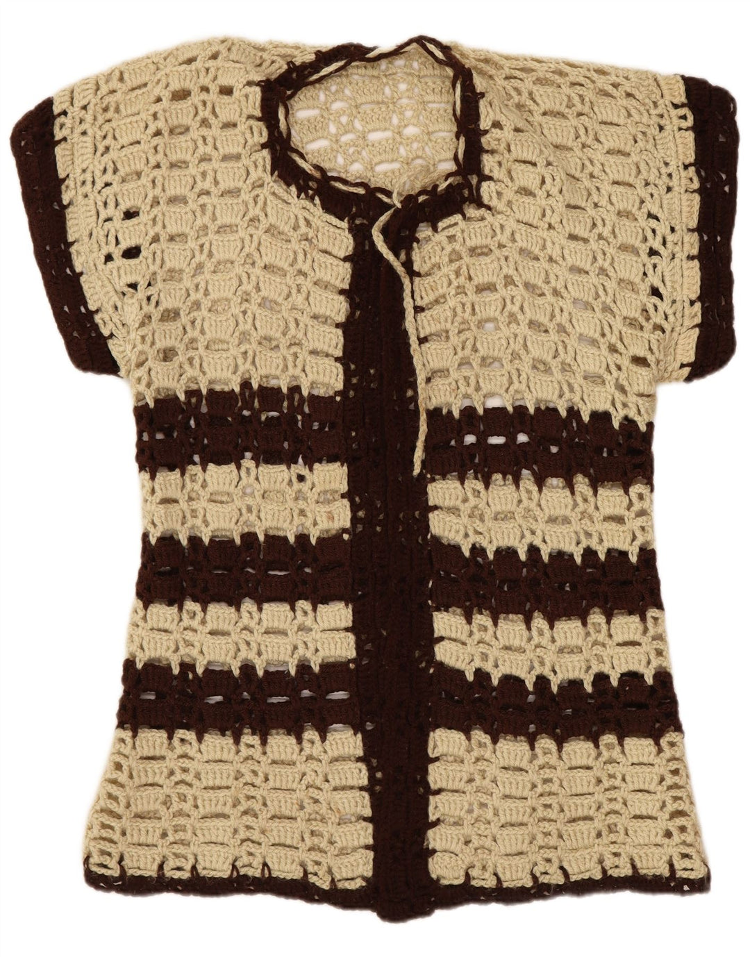 Vintage damski sweter rozpinany z krótkim rękawem UK 8 w małe beżowe paski