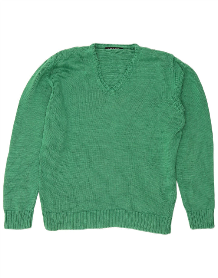 Męski sweter Zara z dekoltem w kształcie litery V, duży, zielony, bawełniany