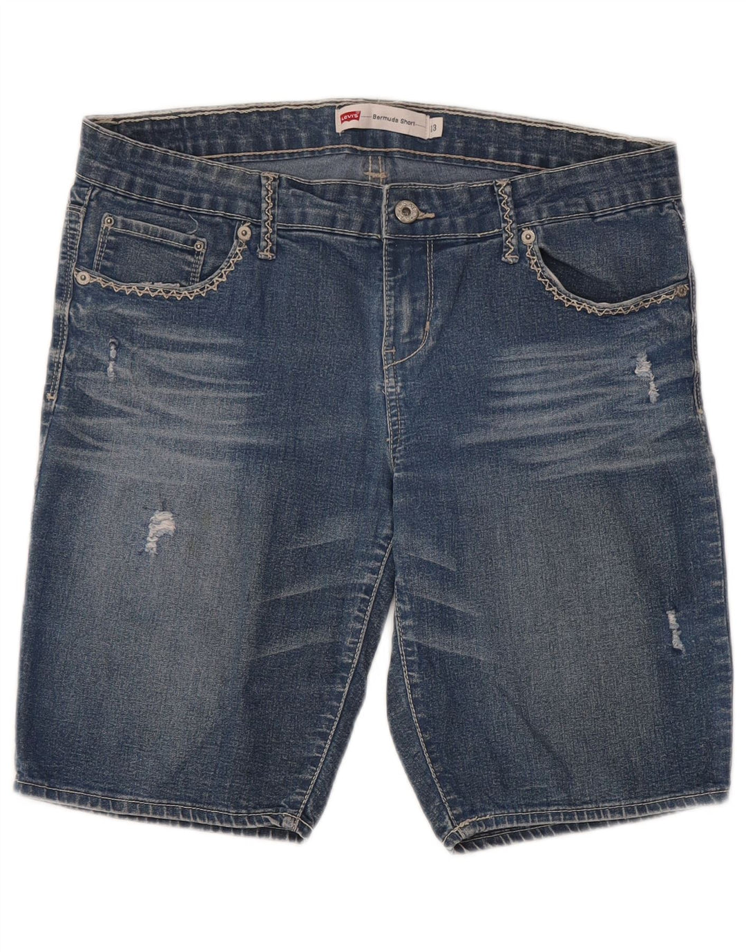 Damskie bermudy jeansowe LEVI'S w trudnej sytuacji US 13, duże, W32, niebieska bawełna