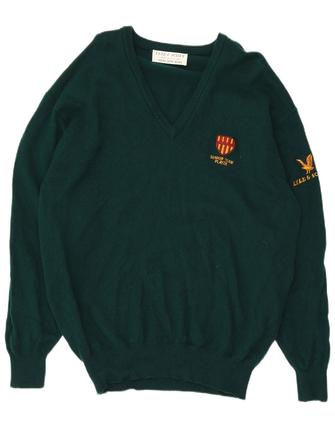 Męski sweter z dekoltem w kształcie litery V, Lyle & Scott, średnio zielony, nowa wełna