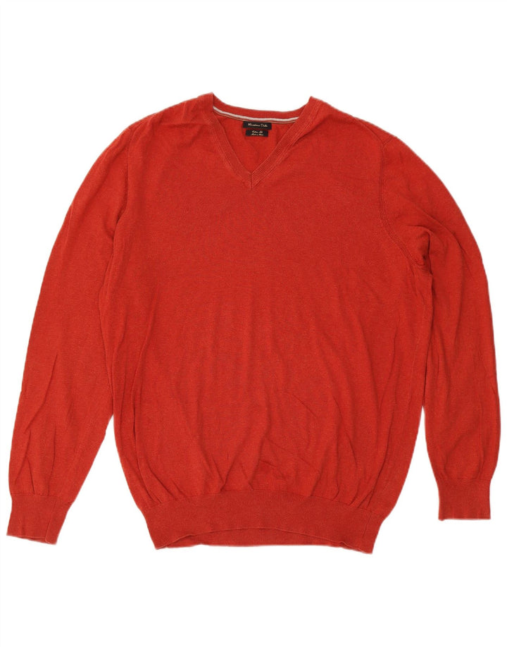Męski sweter Massimo Dutti z dekoltem w kształcie litery V, 2XL, czerwony, bawełniany