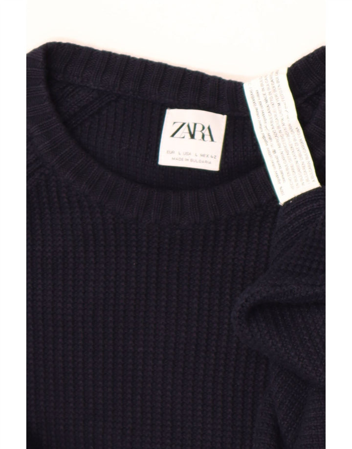 Męski sweter z okrągłym dekoltem Zara, duży, granatowy, bawełniany