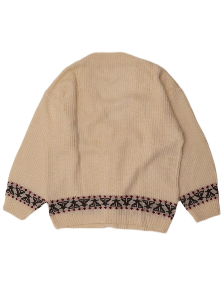 Vintage męski sweter rozpinany, średni biały Fair Isle