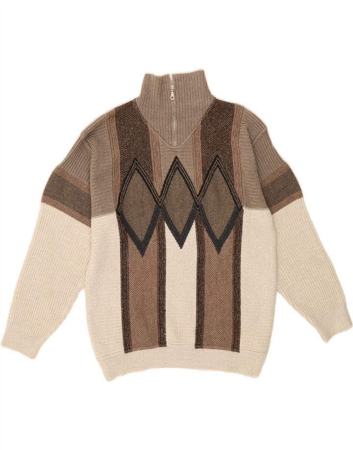 MONELLO Womens Zip Neck Jumper Sweater UK 16 Large Beige Argyle/Diamond Vintage Monello and Second-Hand Monello from Messina Hembry 