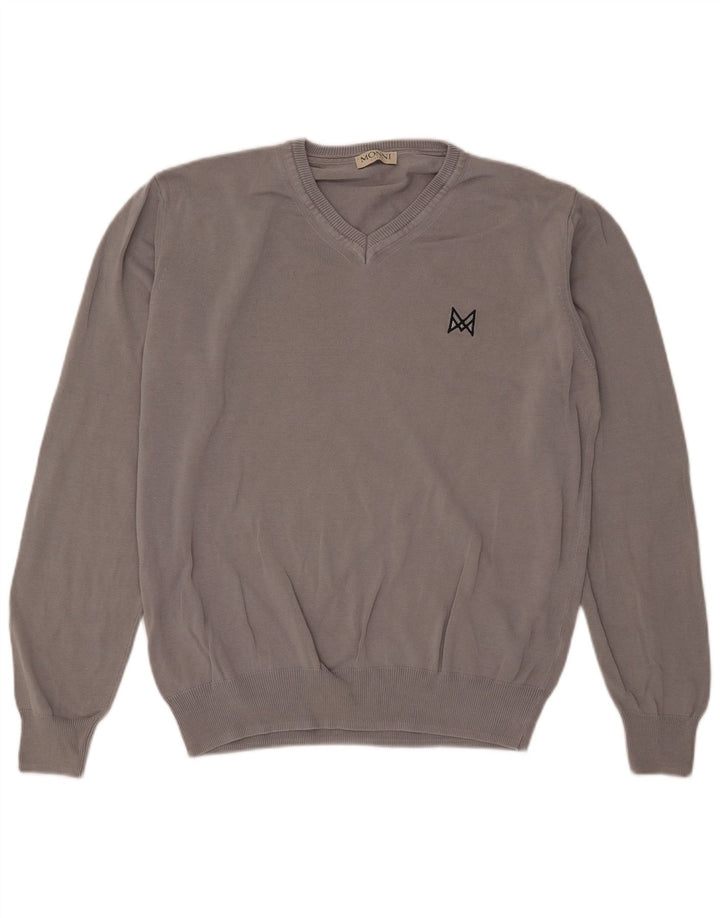 Męski sweter w stylu vintage z dekoltem w szpic, duży, szary, bawełniany