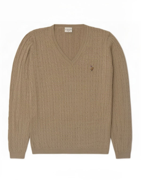 US Polo Assn. Damski sweter z dekoltem w kształcie litery V, UK 18 XL, beżowy