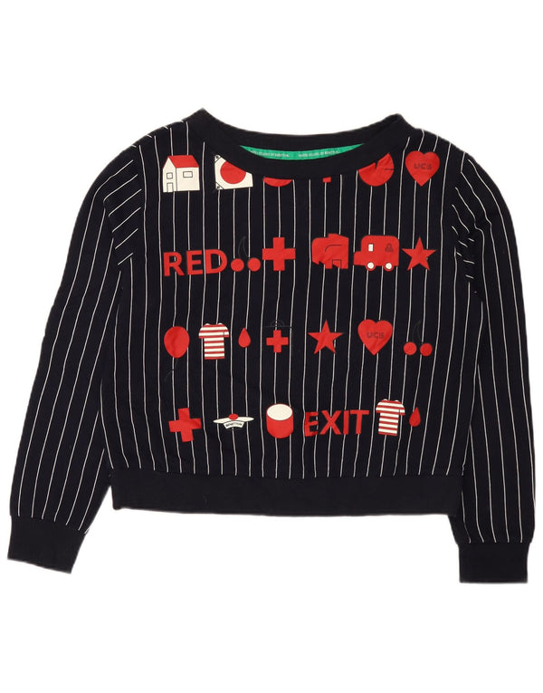 Benetton Womens Graphic Sweatshirt Jumper UK 14 Medium Navy Blue Striped