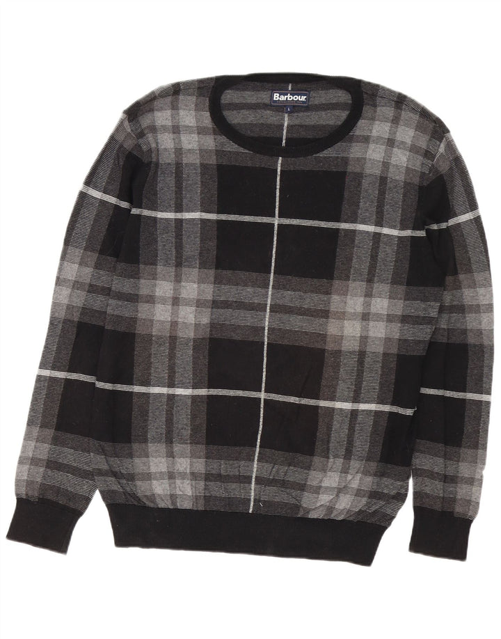 Męski sweter Barbour z dekoltem w łódkę, duży, szary, bawełniany w kratę