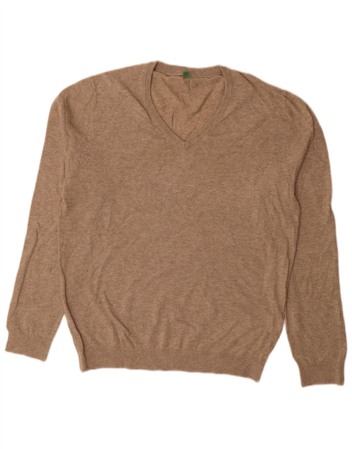 BENETTON Męski sweter z dekoltem w kształcie litery V, duży, beżowy