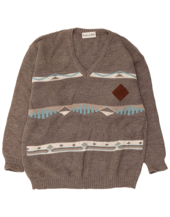 Męski sweter w stylu vintage z dekoltem w szpic, średnioszary, argyle/diamentowa wełna