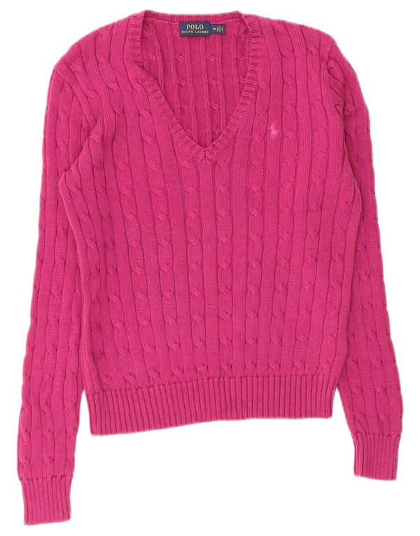 Sweter damski Polo Ralph Lauren z dekoltem w kształcie litery V, UK 12, średni różowy bawełniany