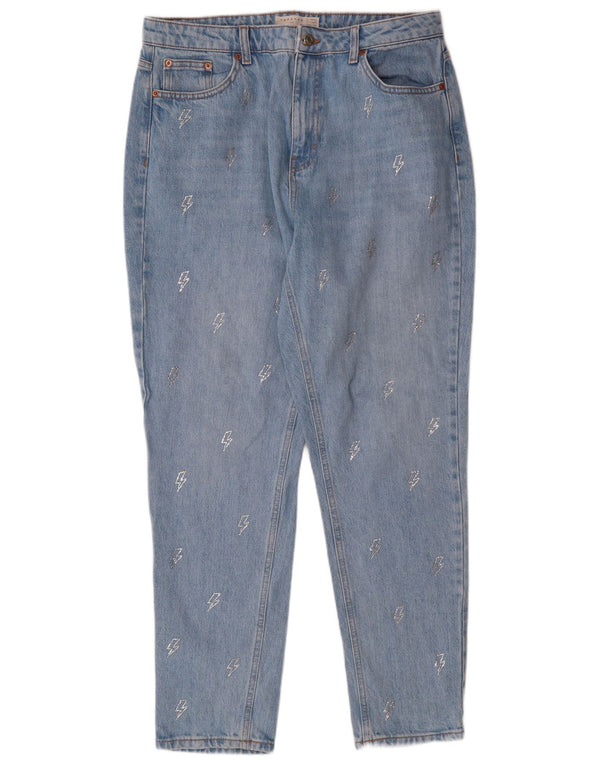 Damskie jeansy Mom z wysokim stanem Topshop W34 L29 Niebieskie geometryczne bawełniane